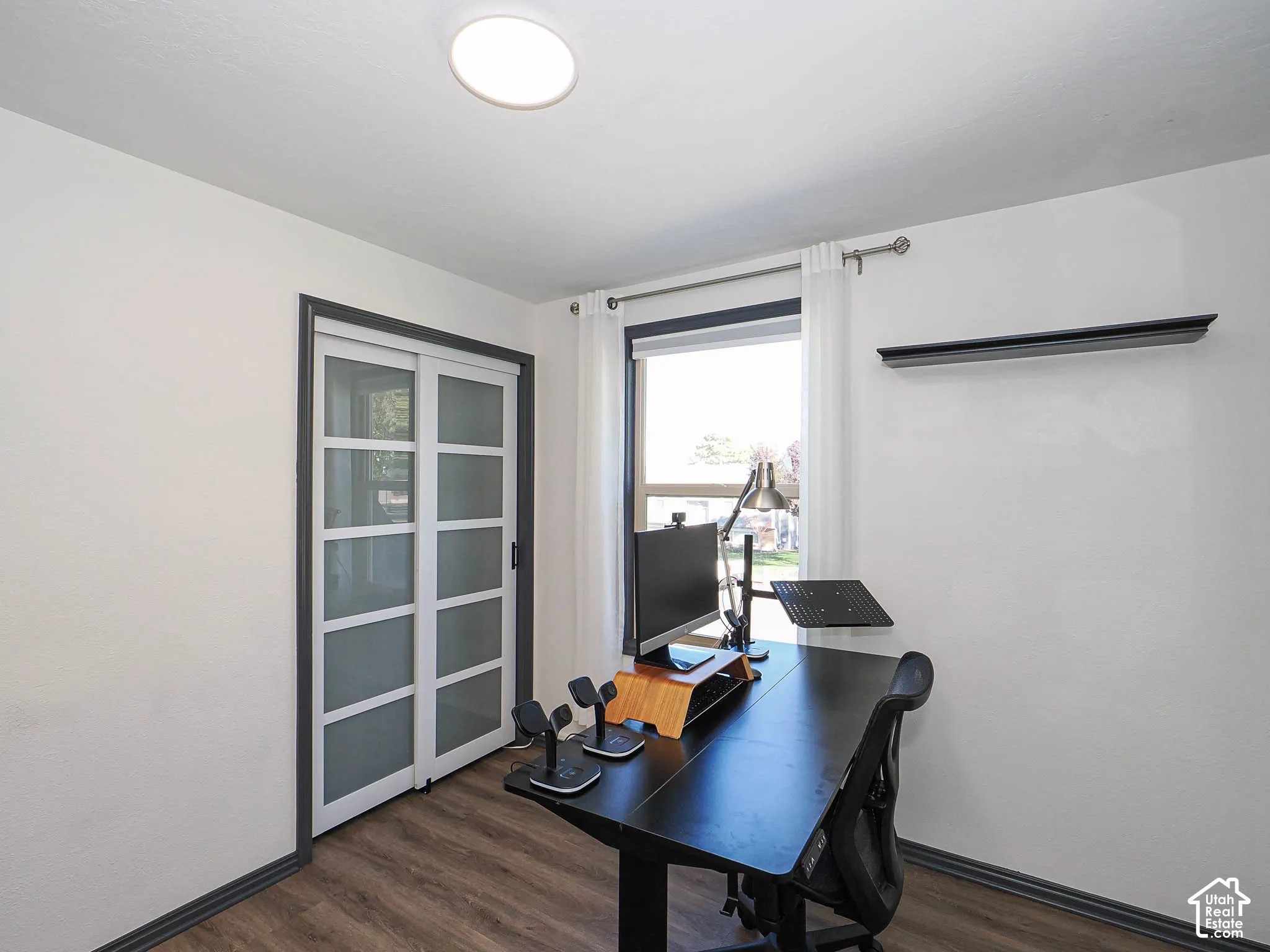 Wood-finish flooring with dark trim