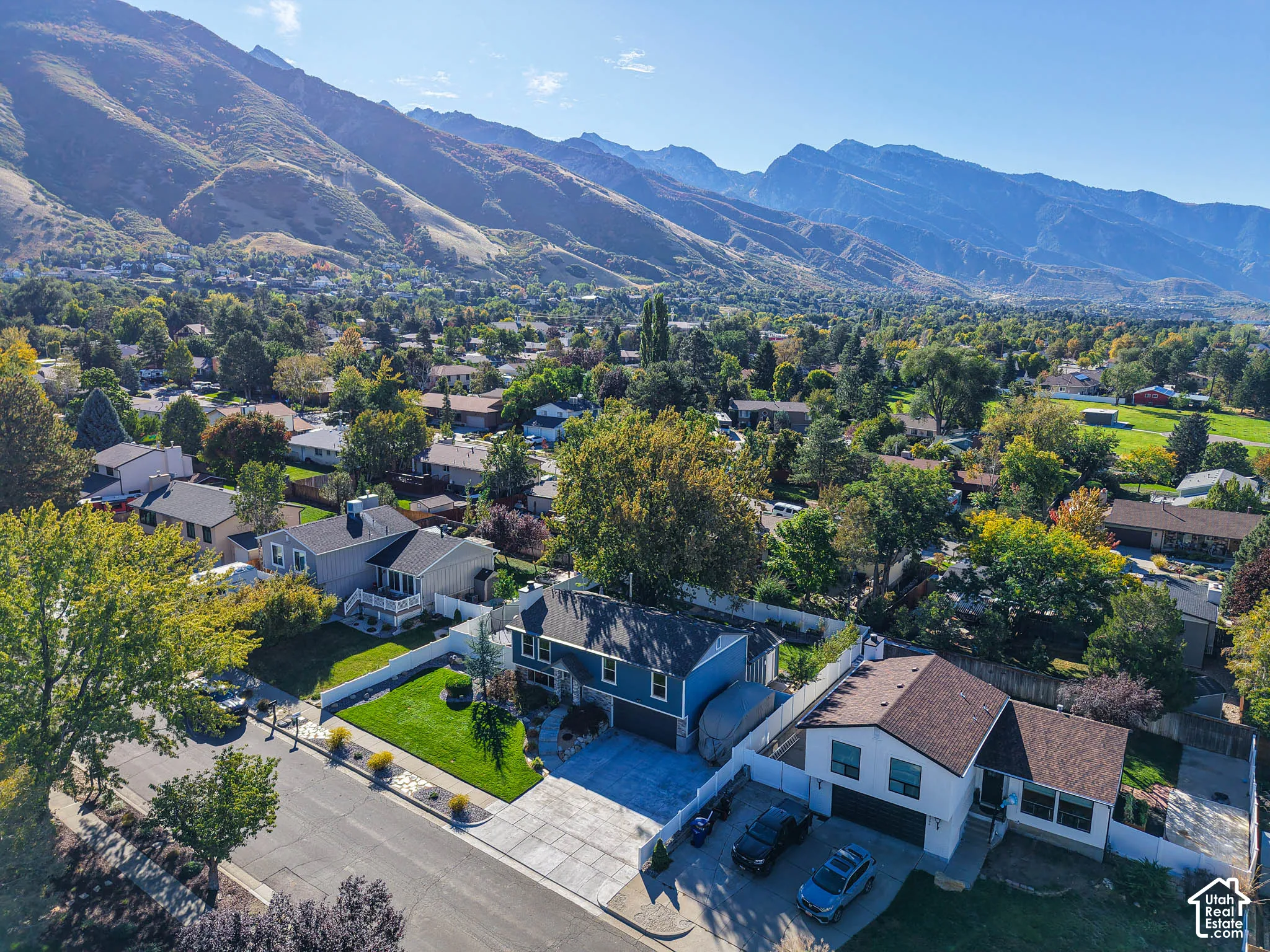 Expansive neighborhood with mountain backdrop, mature trees, and residential properties