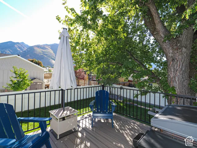 Elevated deck with composite planking, black metal railing, and mature tree providing natural shade