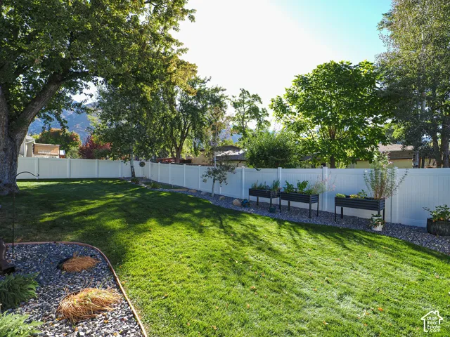 Expansive backyard featuring a manicured lawn, white privacy fencing, and mature trees