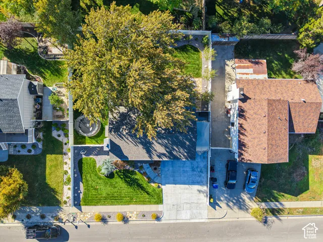 Manicured lawn, mature trees, concrete driveway, stone garden beds, and bark mulch landscaping