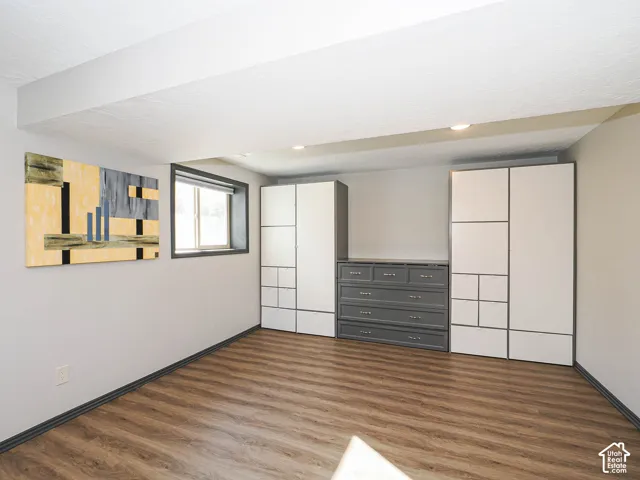 Recessed lighting, wood-finish flooring, and built-in storage cabinetry