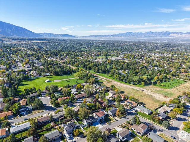 Expansive residential area with mature trees and a distant mountain backdrop