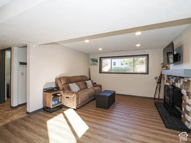 Recessed lighting, wood-finish flooring, and a stone-faced fireplace with a dark hearth
