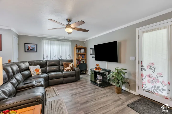 Wood-finish flooring, ceiling fan with integrated lighting, and white trim