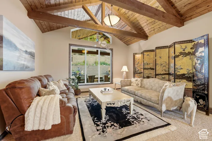 Vaulted wood-paneled ceiling with exposed beams