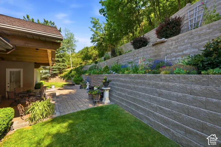 Tiered retaining walls with integrated landscaping, paver patio, covered outdoor living area, and manicured lawn