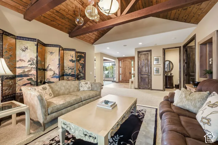 Vaulted wood-paneled ceiling with exposed beams