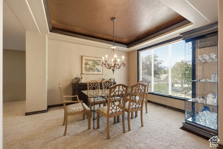 Tray ceiling with a textured finish, large picture window, and a built-in display cabinet