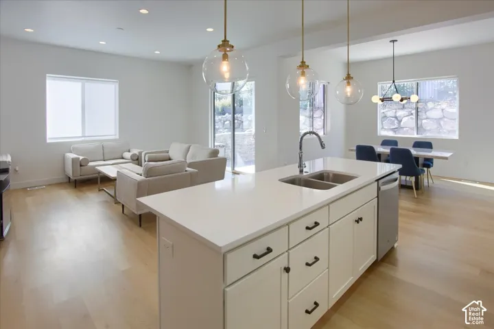 Open-concept living space featuring a kitchen island with dual basin sink, white cabinetry with dark hardware, and wood-finish flooring
