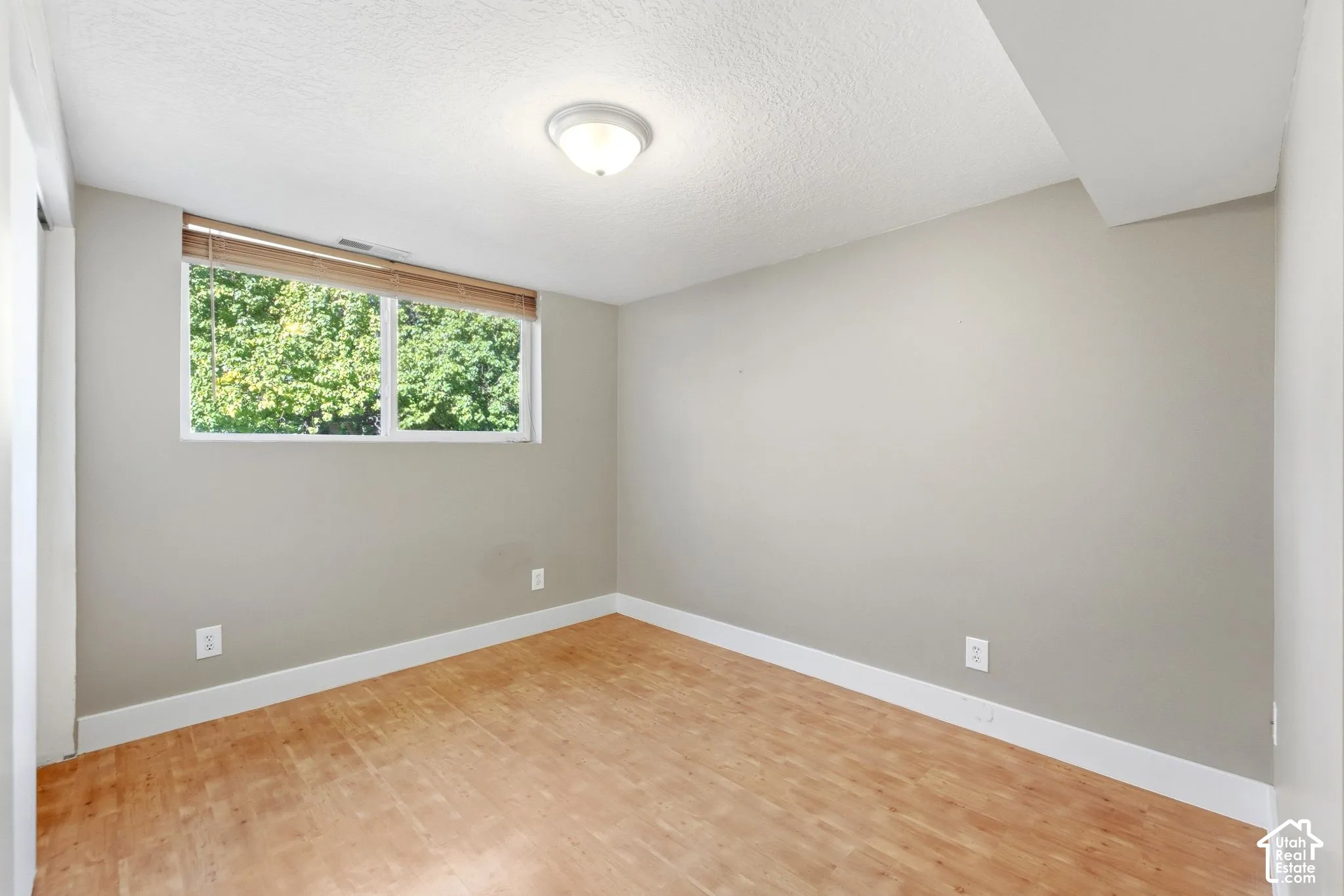 Recessed window with natural light, wood-finish flooring, white baseboards, and light gray wall paint