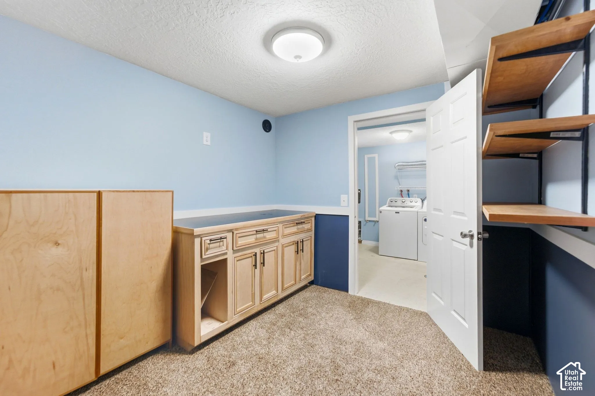 Built-in cabinetry with a dark countertop, wall-mounted shelving, and carpeted flooring