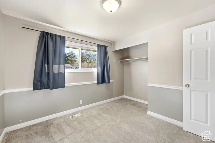 Room featuring carpet flooring, a window with exterior visibility, a built-in closet with shelving and hanging rod, and a paneled door