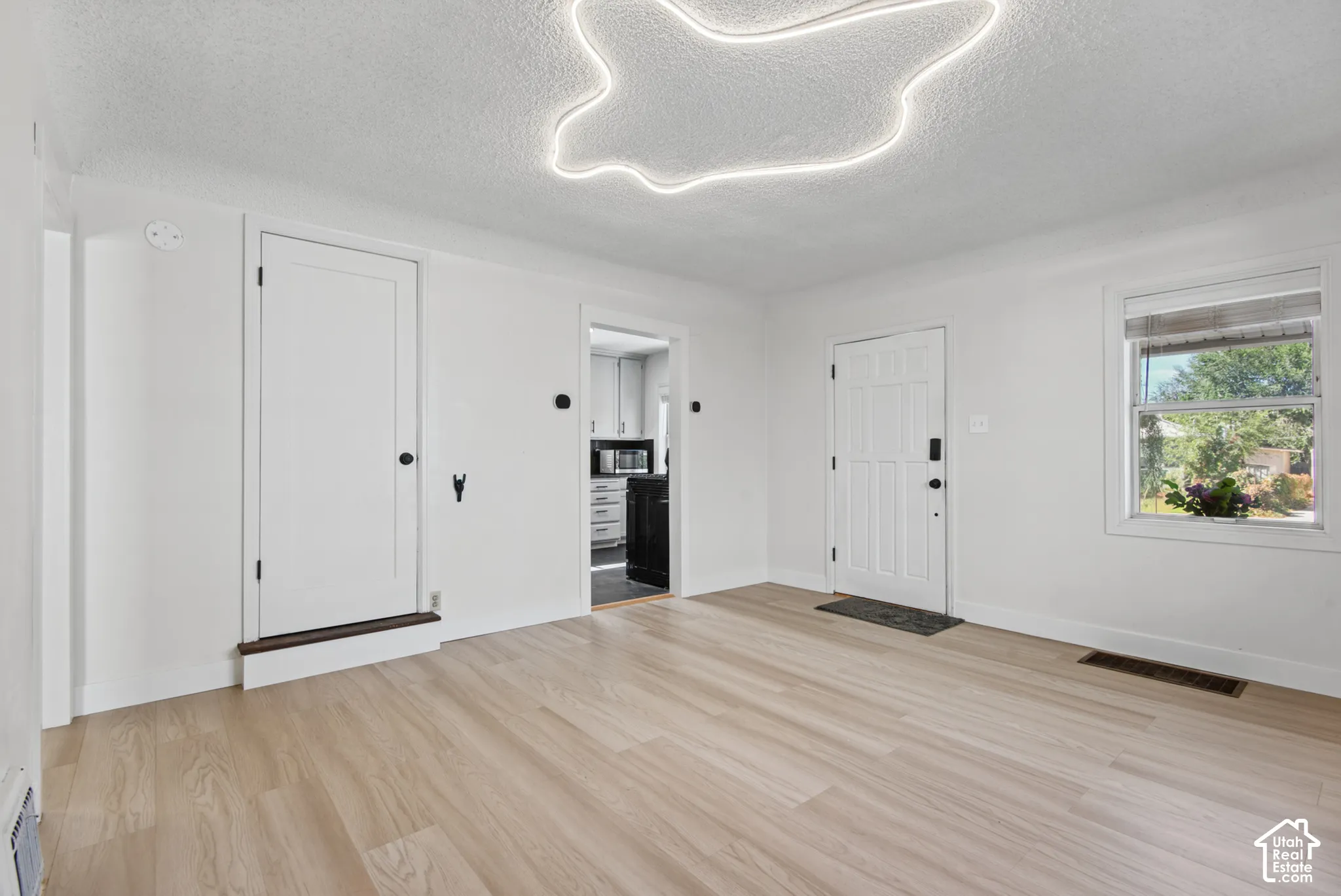 Hardwood-finish flooring, white walls, modern ceiling light fixture, white interior door, and a white exterior door