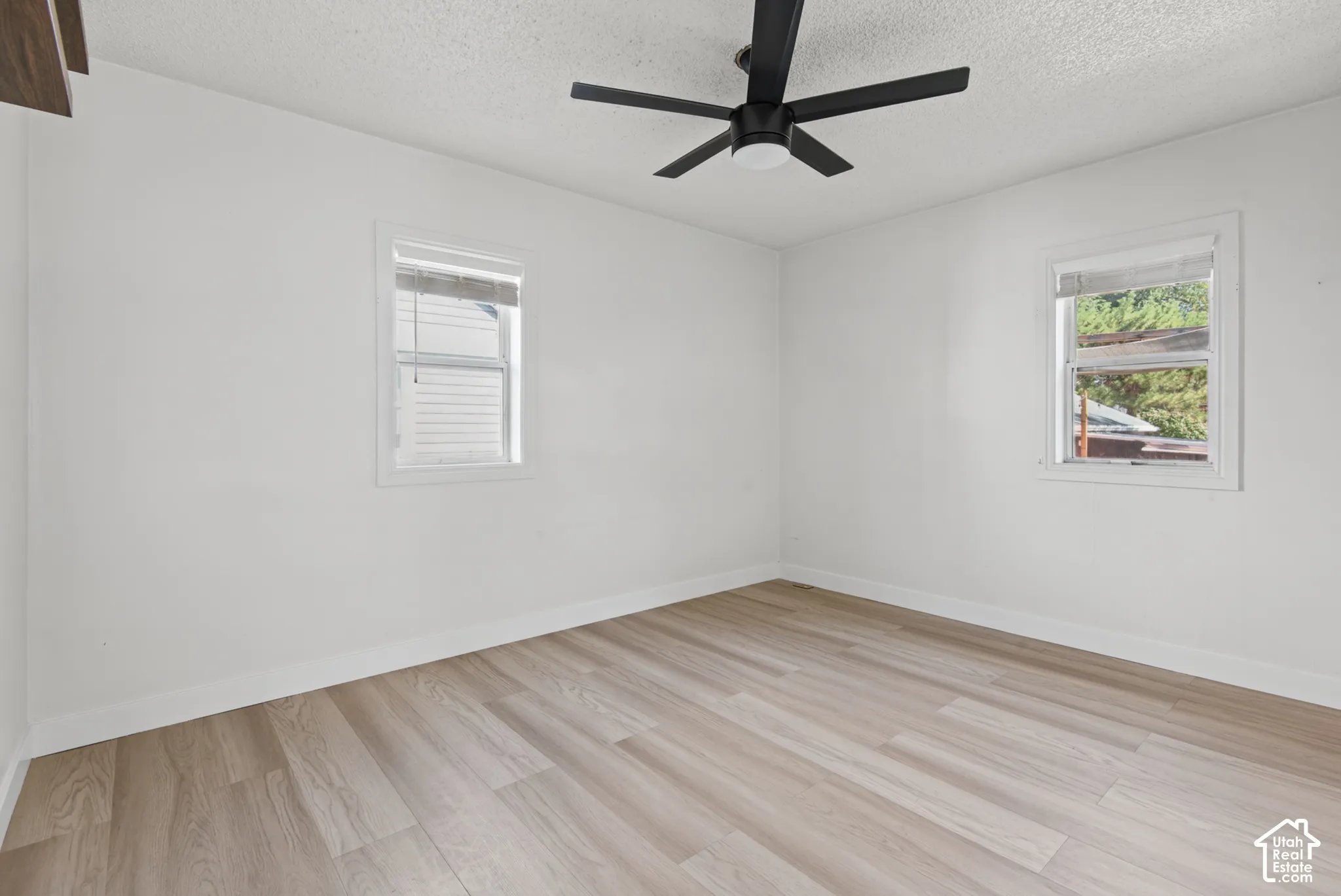 White walls with wood-finish flooring, two windows with white trim, and a black ceiling fan