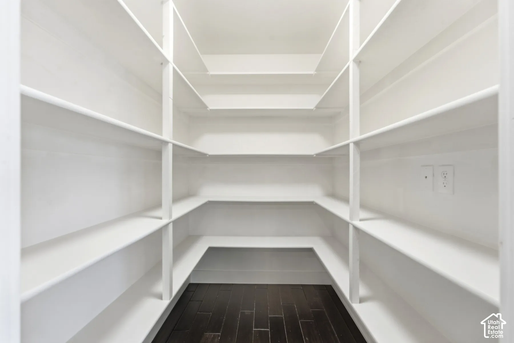 Expansive pantry featuring multi-level shelving, dark wood-finish flooring, and integrated electrical outlets