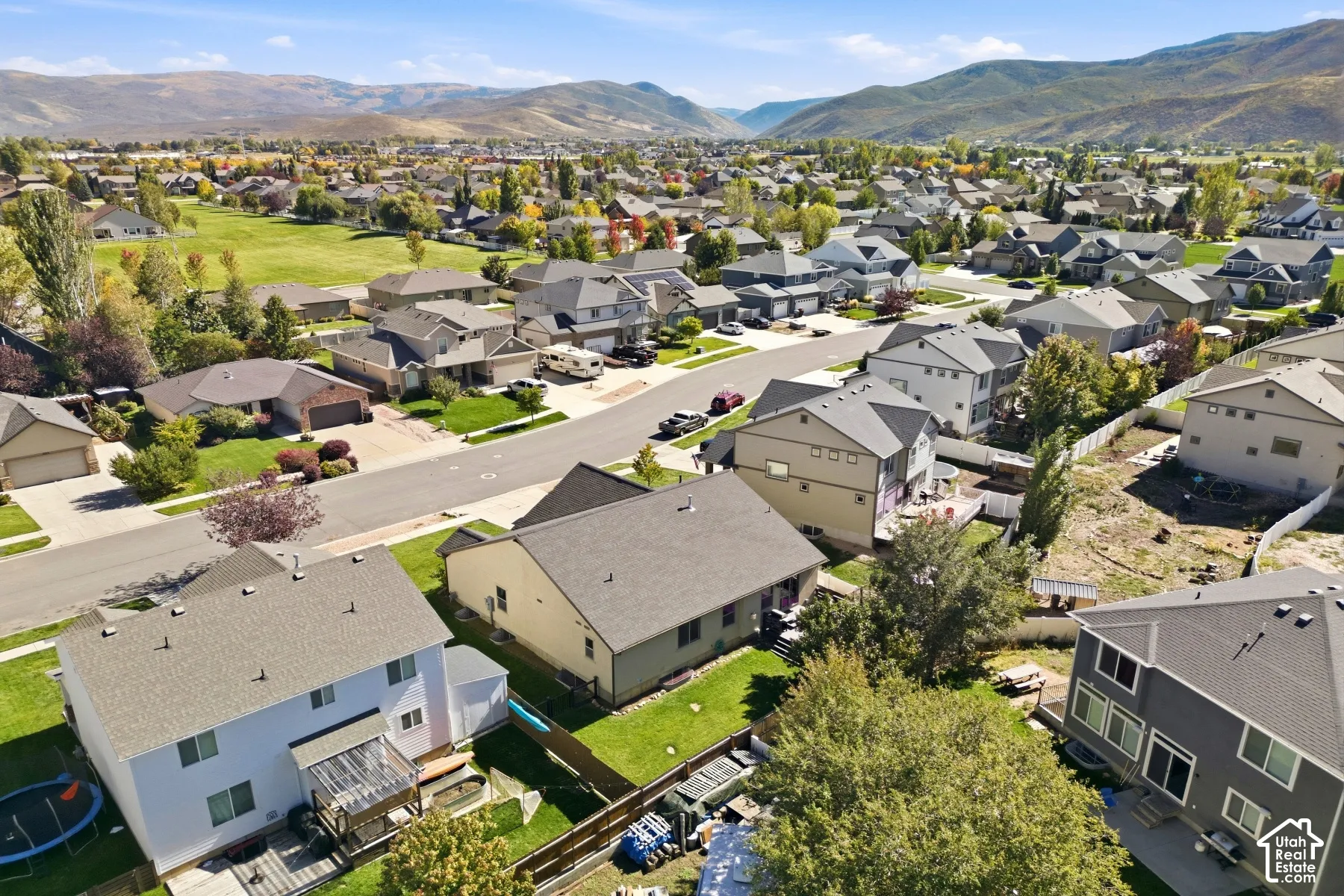 Residential street with detached homes, mature trees, and mountainous background