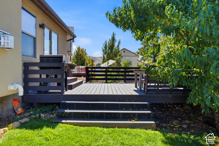 Expansive outdoor decking with multi-level access and dark wood-finish railings