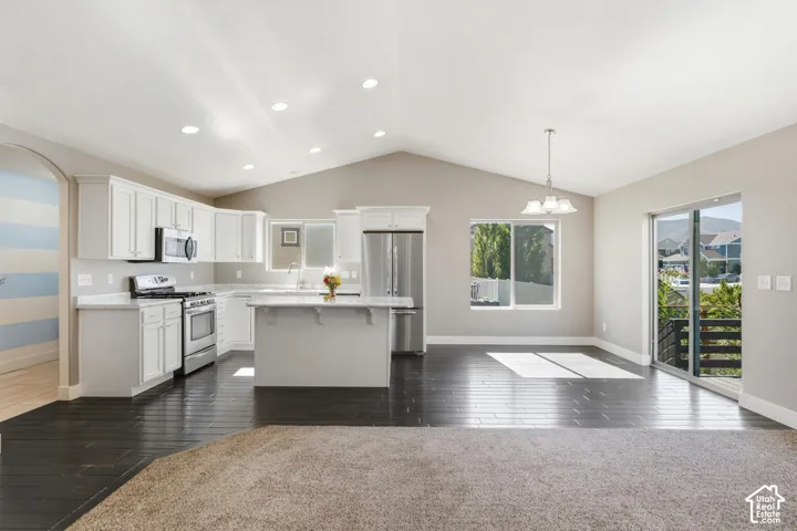 Vaulted ceiling, recessed lighting, white cabinetry, stainless steel appliances, and dark wood-finish flooring
