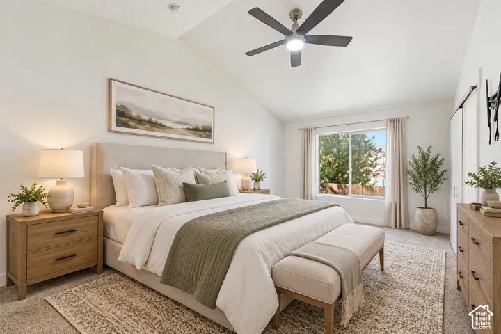Vaulted ceiling with an attached ceiling fan
