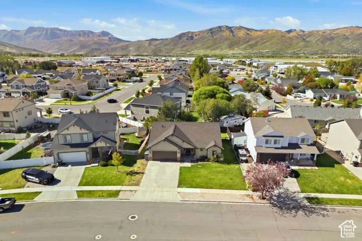 Residential neighborhood with varied house styles and mature landscaping, framed by distant mountains
