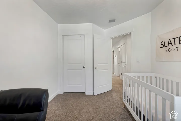 White interior walls and trim, carpeted flooring, and a solid interior door