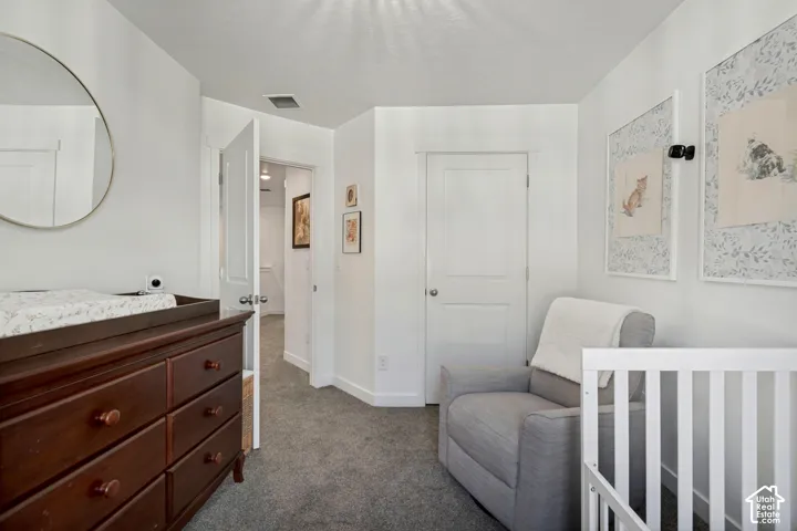 Plush carpet flooring, white painted walls, and white trim throughout