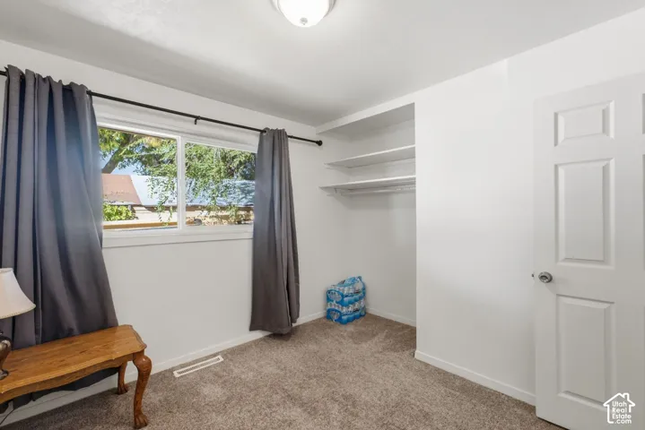 Carpeted flooring, white interior walls, built-in shelving, white trim, and a panel door