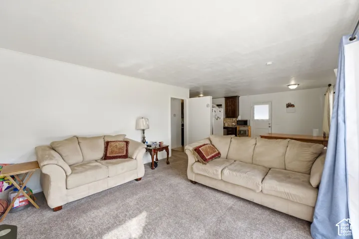 Spacious living room featuring two generous seating areas with neutral upholstery, carpeted flooring, recessed ceiling lighting, and abundant natural light from multiple windows
