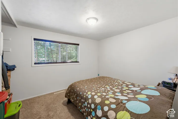 Carpeted flooring, white walls, and a window with blinds