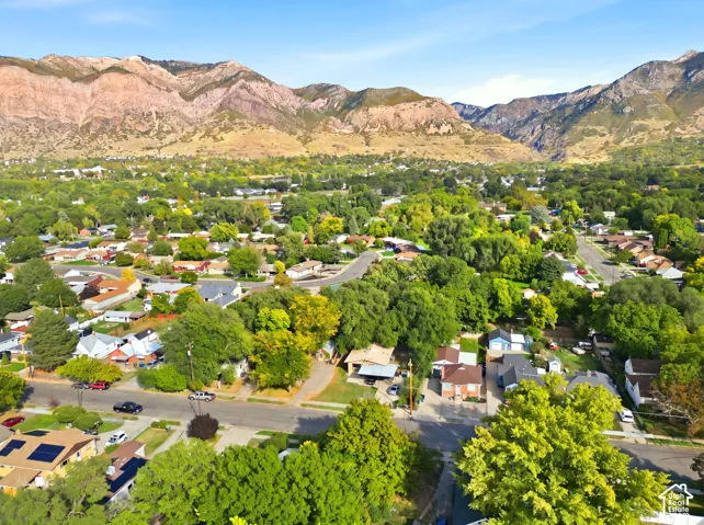 Residential neighborhood with mature trees and mountain backdrop
