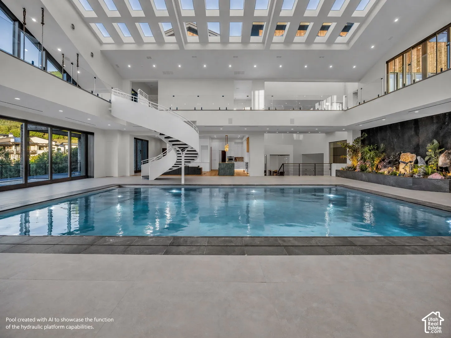 Indoor swimming pool with grey tile surround, multiple skylights, and a spiral staircase