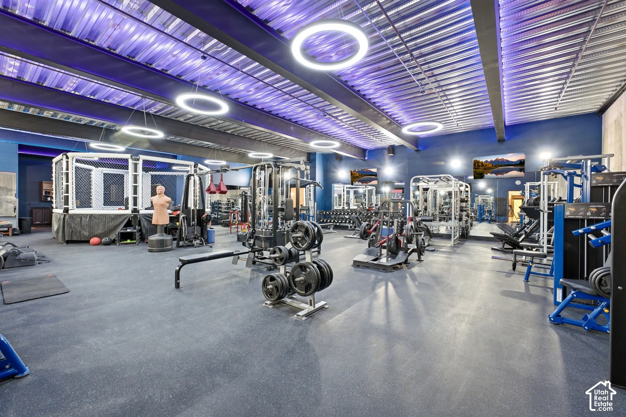 Spacious gym facility featuring a rubberized floor, exposed ceiling with circular lighting fixtures, and a dedicated fighting cage