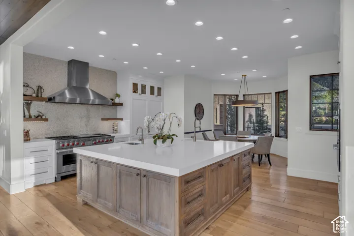 Gourmet kitchen with a large central island, stainless steel range with matching hood, white cabinetry, and wood-finish flooring