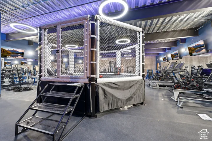 Dedicated fitness space featuring an enclosed training cage with access stairs, multiple wall-mounted monitors, and overhead ring lighting