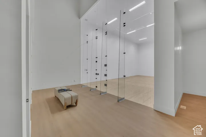 Interior space with light wood-finish flooring, white walls, and a glass wall partition
