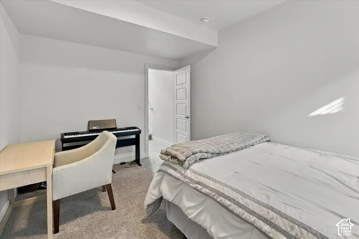 Recessed ceiling lighting, light gray wall paint, light gray carpet flooring, white paneled door with brushed nickel hardware, and a white ceiling