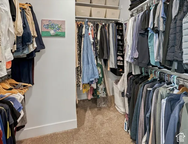 Built-in shelving, multiple hanging rods, and an integrated shoe rack provide ample storage