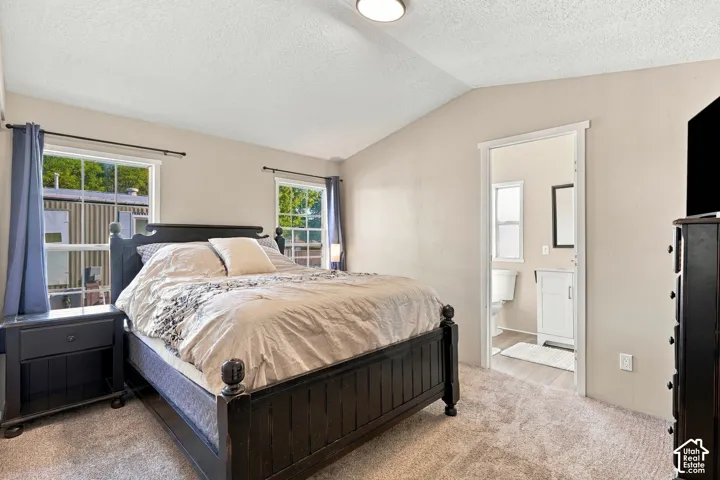 Vaulted ceiling with flush-mount lighting, twin windows, textured carpeting, and an adjoining bathroom featuring a vanity