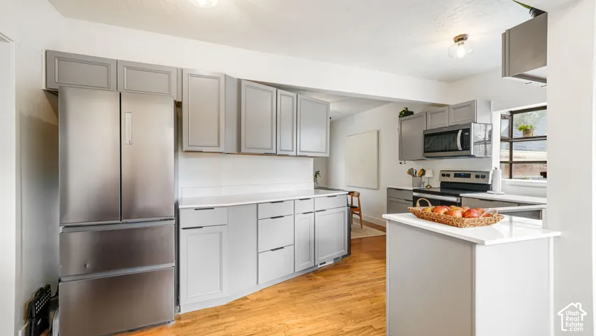 Kitchen featuring gray cabinetry, stainless steel appliances, wood-finish flooring, white countertops, and recessed lighting