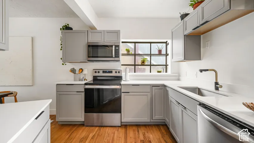 Kitchen featuring wood-finish flooring, light gray cabinetry, white countertops, stainless steel appliances, and a black-framed window