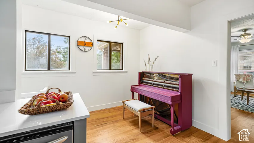 Hardwood flooring, white countertops, built-in shelving, two windows, and a modern light fixture