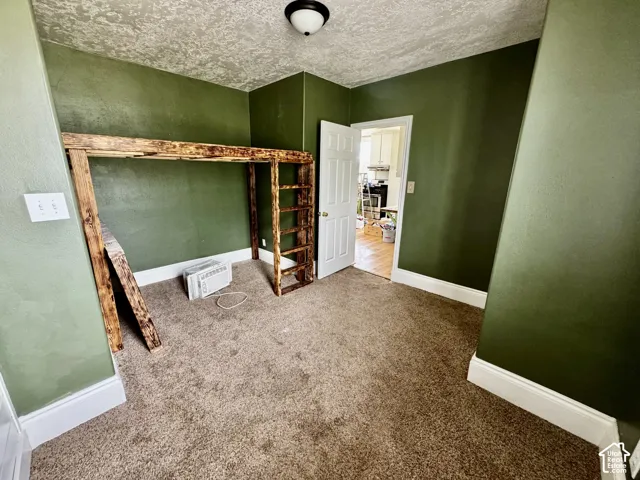 Carpeted room featuring a ceiling light fixture, white trim, and a white paneled door