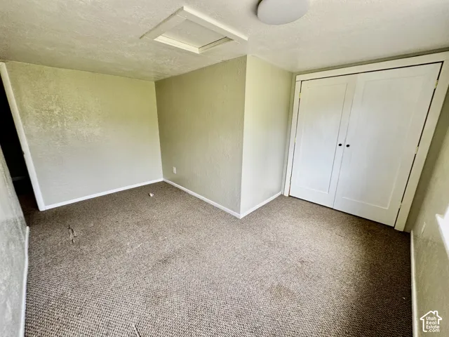 Recessed ceiling light, overhead access panel, and wall-to-wall carpeting