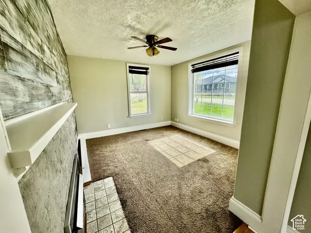 Textured accent wall, fireplace with hearth, ceiling fan, carpeting, and multiple windows