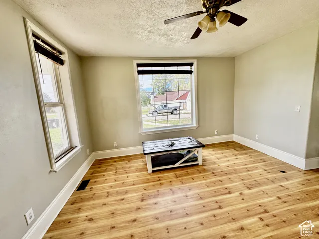 Hardwood flooring, painted walls, ceiling fan, and multiple windows
