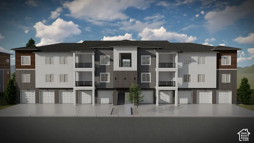 Modern facade featuring a balanced mix of light and dark siding, brick accents, multiple balconies with black railings, and integrated garages with white doors