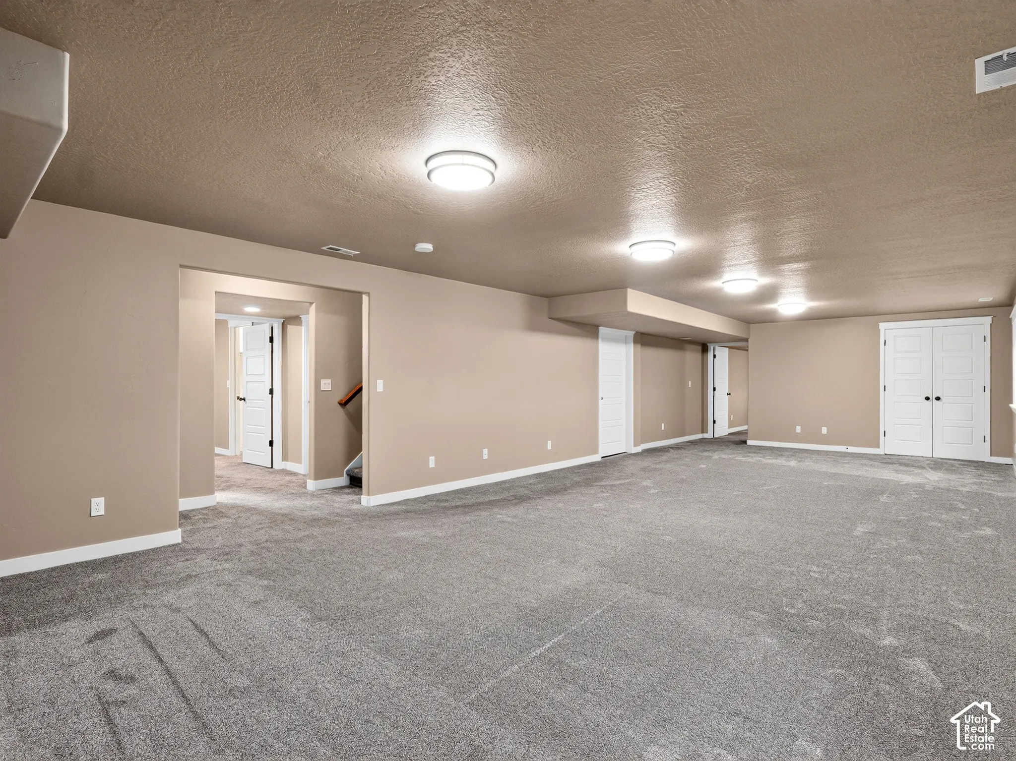 Spacious room with grey carpet, neutral wall tones, overhead flush mount lighting, and white panel doors