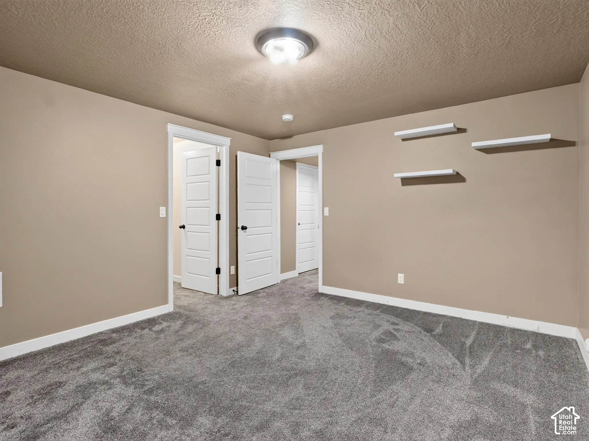 Neutral-toned walls with white trim, gray carpeting, and white interior doors with black hardware