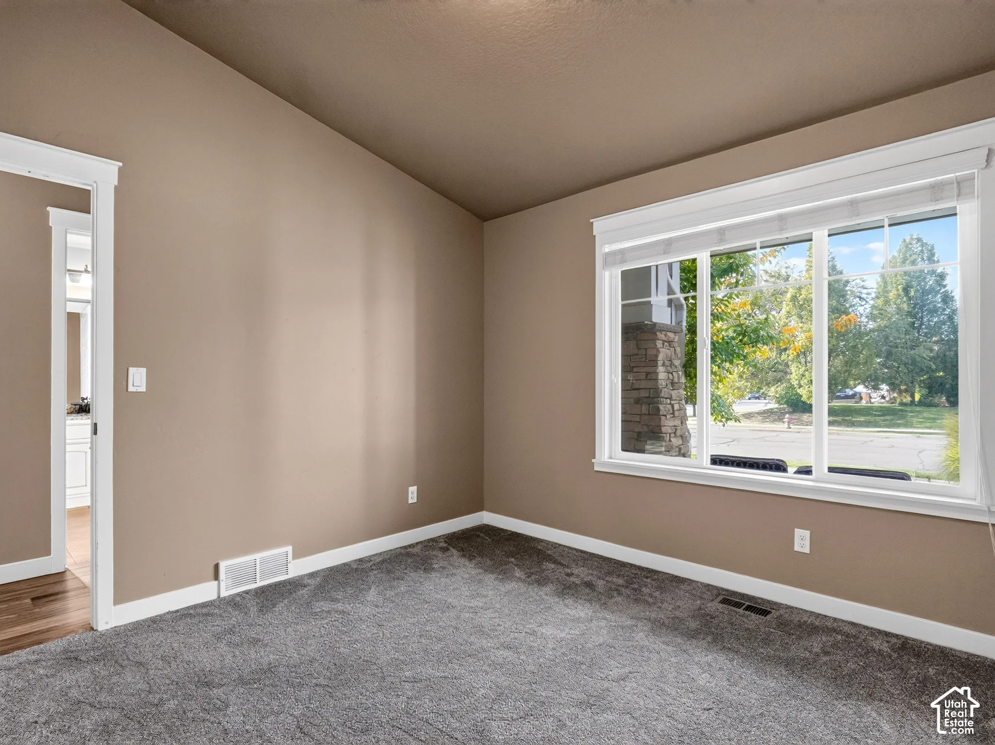 Carpeted flooring, neutral wall color, white trim, and a large window